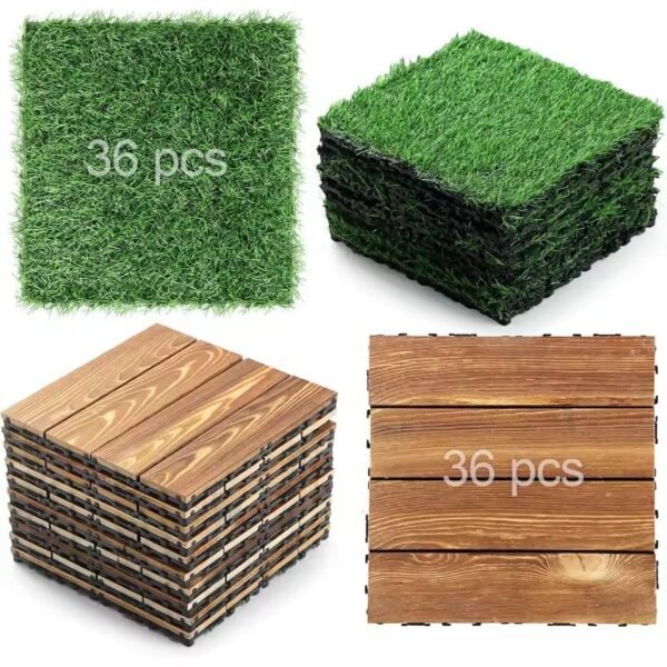 Hardwood Interlocking Patio Deck Tile and Artificial Grass Tile